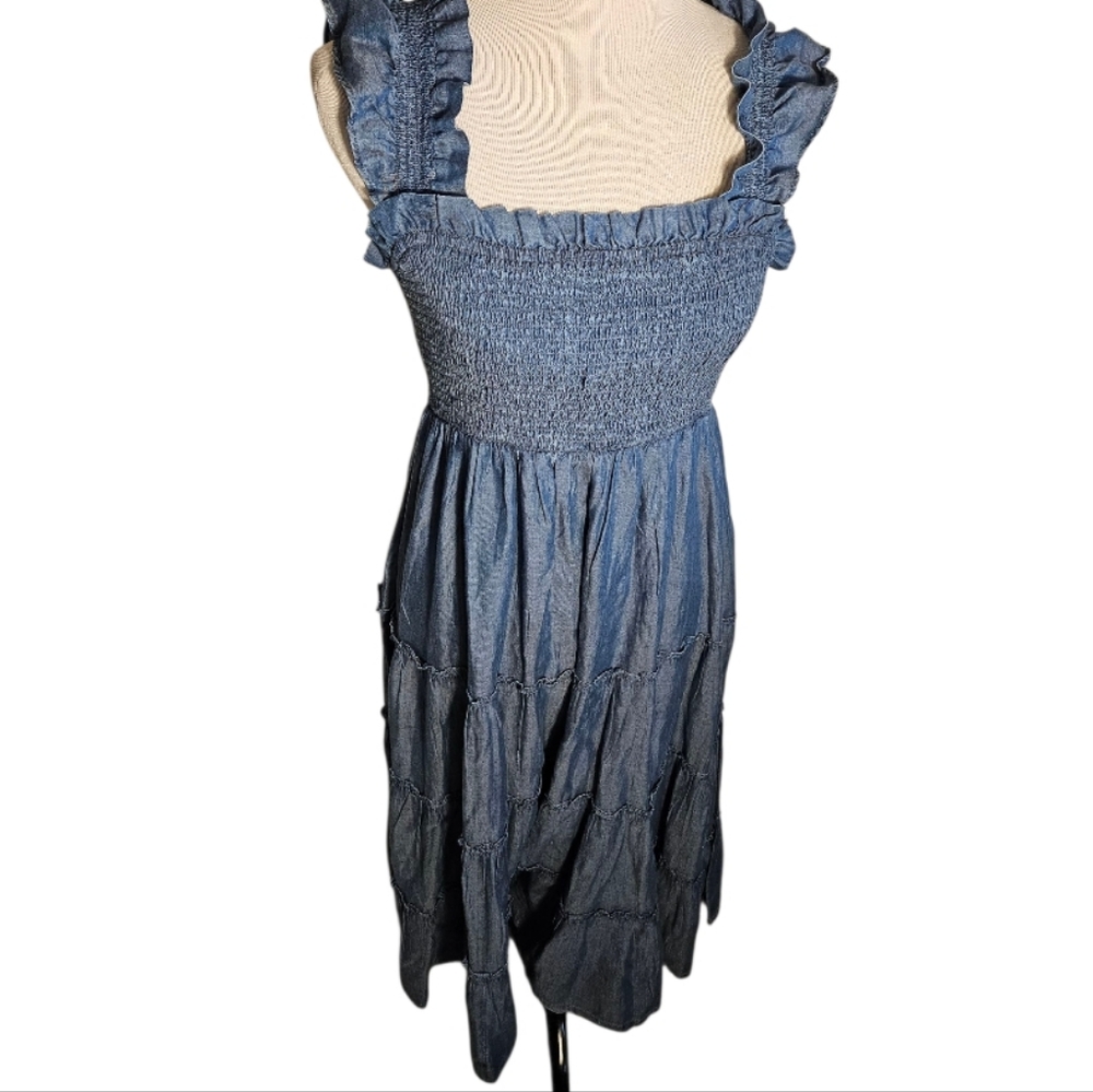 Crown & Ivy Chambray Smocked Ruffle Tiered Dress Size M